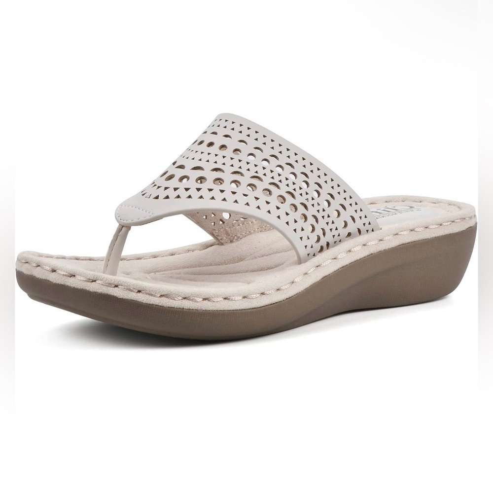 White Mountain Women’s Perforated Wedge Thong Sandals in Light Taupe